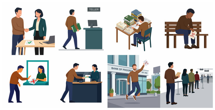 Bank Loan Application Process Illustration Set, Financial Success and Failure, Credit Approval and Rejection Scenes