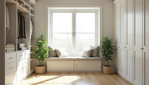 Bright Scandinavian walk-in closet with white wooden wardrobe and drawers near window. Comfortable bench with pillows overlooks garden. Plants add fresh accent.