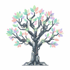Fototapeta premium Futuristic Cybernetic Tree with Mechanical Branches and Colorful Digital Leaves Illustration.