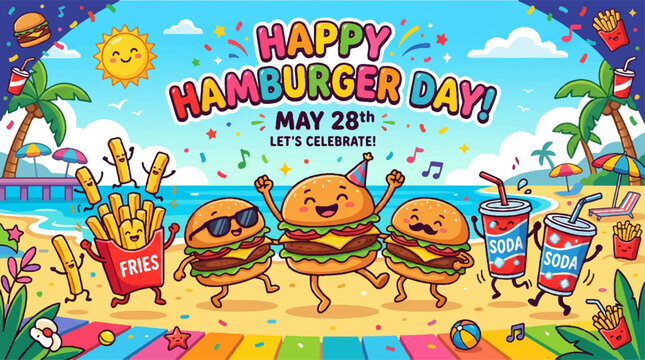 Hamburger Day, cartoon burgers, beach party, food icons, vector celebration