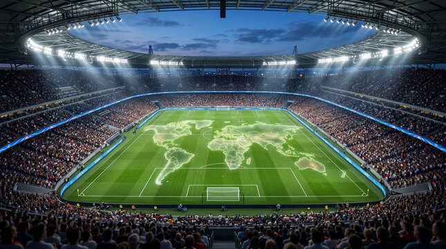 Wide shot of large soccer stadium filled with spectators and glowing world map projected on field under bright stadium lights