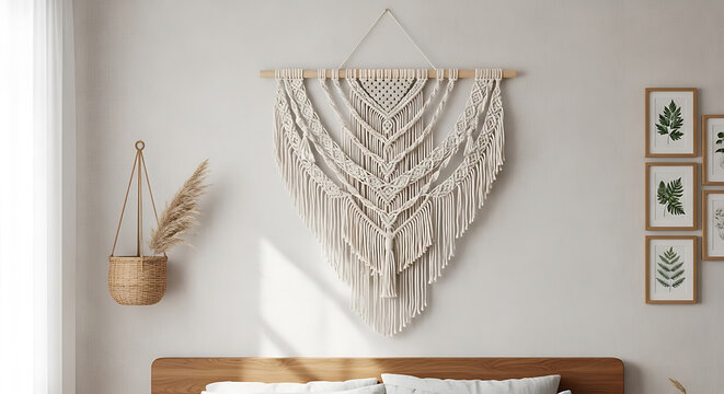 Bohemian macram&eacute; wall hanging decor with plants and rustic bedroom setup mockup, blank spaces for text