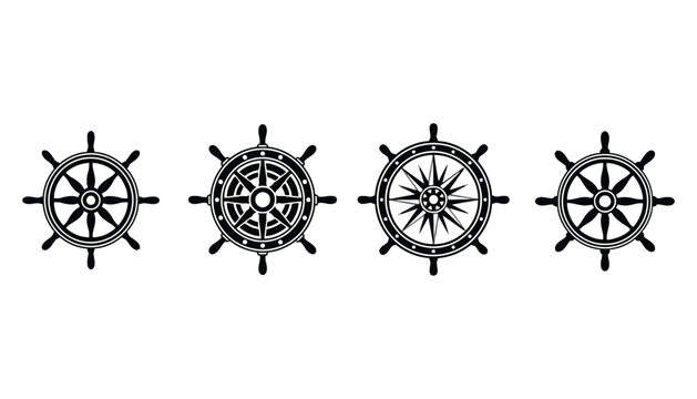 Ship wheel helm set nautical design icons with nautical
