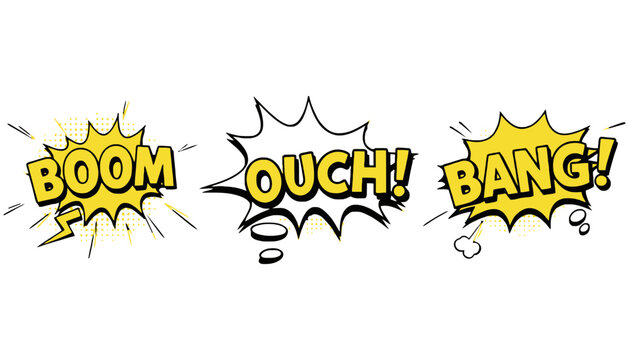 Comic speech bubbles with boom ouch and bang, expression