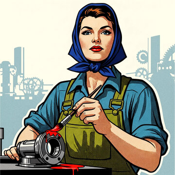 1940s Female War Factory Worker in Headscarf - Propaganda Poster Painting Art