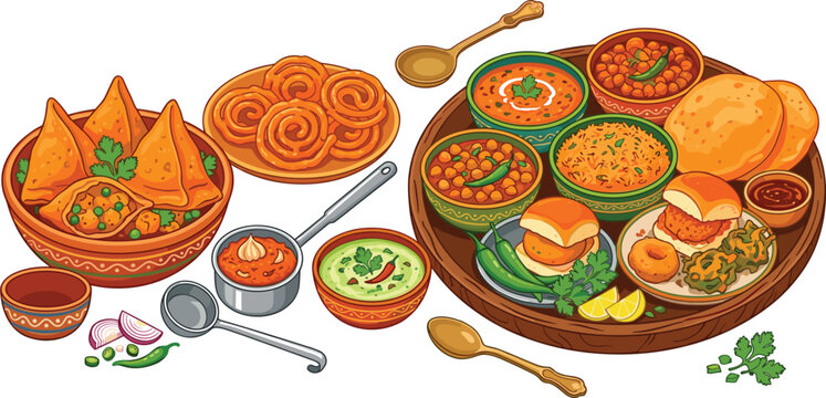 Indian street food thali with samosa jalebi and thaliIndian street food thali with samosa jalebi and thali