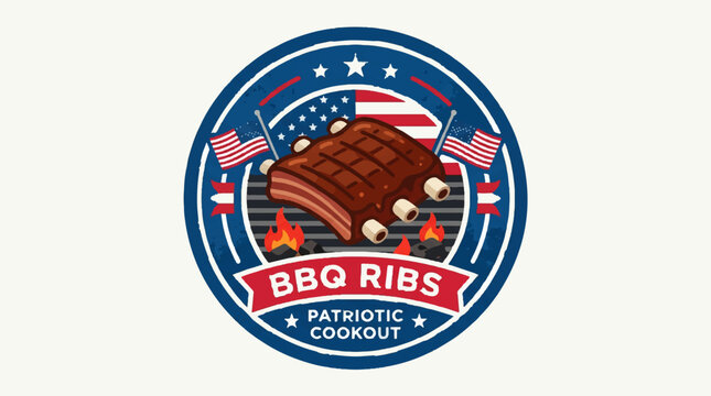 American BBQ ribs logo, patriotic cookout badge, grilled meat icon, festive emblem