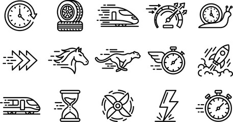 Speed and Fast Performance Line Icon Vector Set with Rocket, Cheetah, Speedometer, Train, and Stopwatch Symbols for Logistics and Delivery Graphic DesignsSpeed and Fast Performance Line Icon Vector Se © BijoyChandra