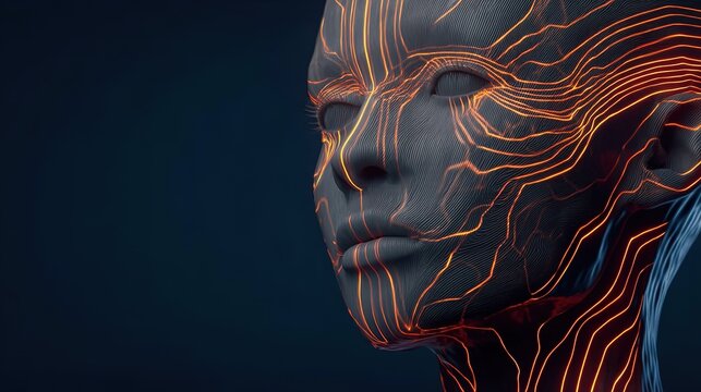 Abstract Human Head with Orange Data Lines Blue Light

