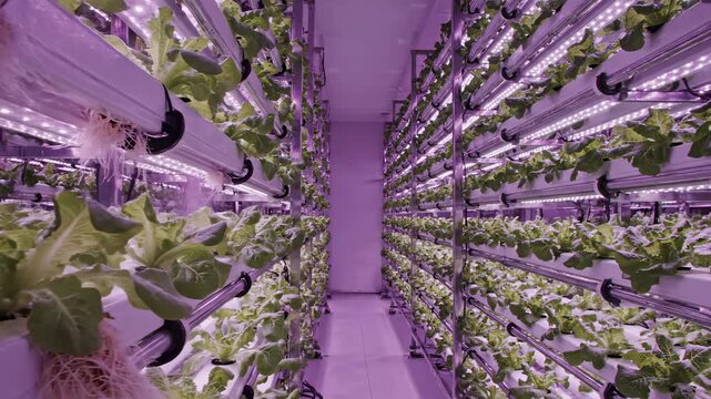 Growing lettuce in a modern indoor farm using advanced hydroponic systems with LED lights