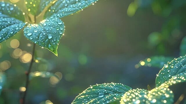 Fresh green leaves covered in morning dew drops with golden bokeh background