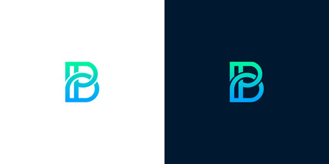 Modern minimalist letter B monogram logo design template with green and blue gradient lines on white and dark backgrounds © anello