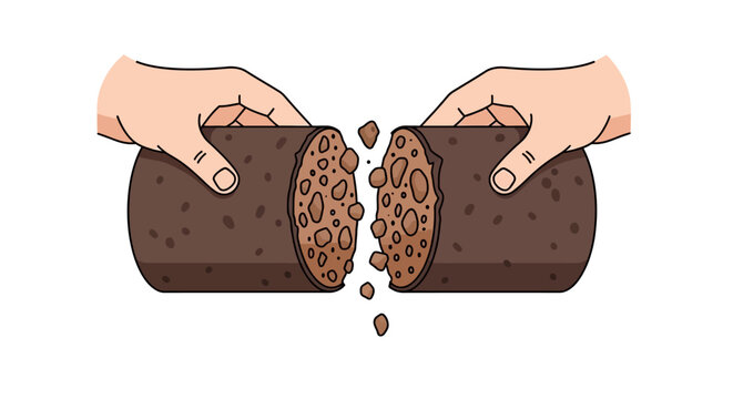 Hands breaking apart a cylindrical food item revealing crumbly interior