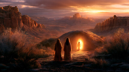 The photograph depicts three holy women—Mary Magdalene, Mary (the mother of James), and Salome—walking together to the bright, empty tomb of Jesus Christ early on Sunday morning.