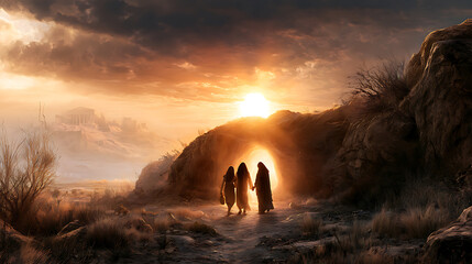 Photo-realistic cinematic wide shot of three holy women — Mary Magdalene, Mary (mother of James), and Salome — walking together toward the bright empty tomb of Jesus Christ early on Sunday morning.