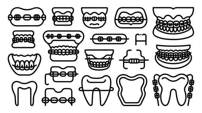 Orthodontic dental braces line icon set featuring various teeth alignment tools and wires.