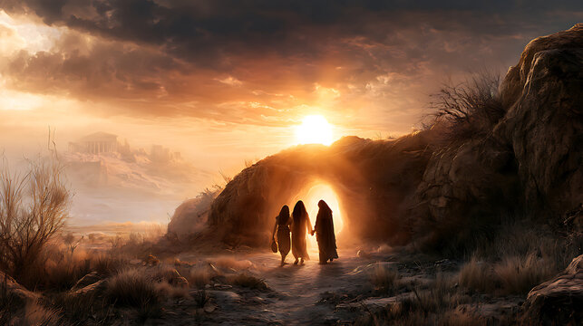 Photo-realistic cinematic wide shot of three holy women &mdash; Mary Magdalene, Mary (mother of James), and Salome &mdash; walking together toward the bright empty tomb of Jesus Christ early on Sunday morning. 