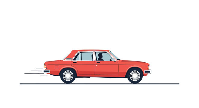 Vintage Red Sedan Driving Fast, Motion Blur, Isolated on White Background