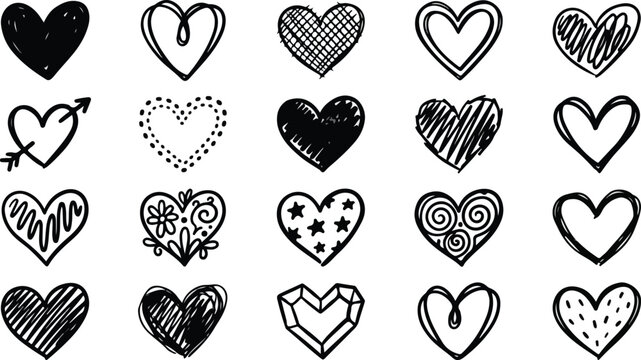 Set of hand drawn sketchy heart icons with various patterns