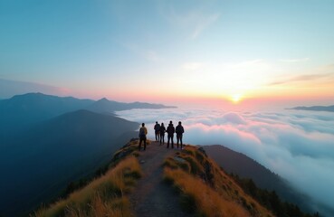 Fototapeta premium Group of hikers stand on mountain ridge above clouds at sunrise. People watch sun rise over misty peaks, enjoy nature adventure. Serene sky, scenic landscape, peaceful journey. Outdoor exploration,