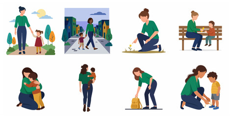 Fototapeta premium Collection of diverse mothers and children in various daily activities, motherhood and parenting concept vector illustrations