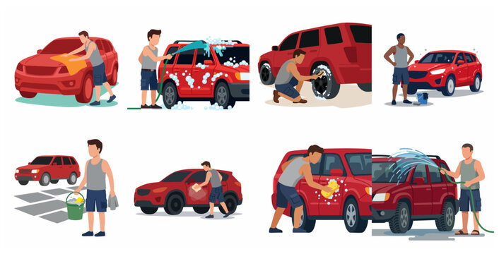 Set of flat vector illustrations of men washing and detailing a red SUV car. Concept of DIY auto maintenance, vehicle cleaning, and professional car wash service.