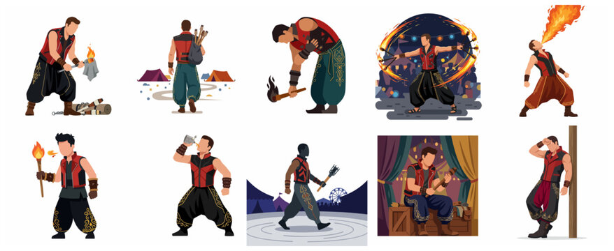 Set of fire performer characters and circus entertainers in flat vector style, fire breather and torch spinner artists for carnival and festival show