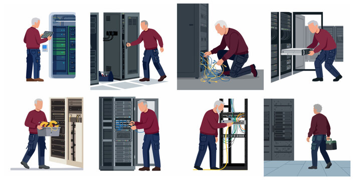 Data Center Technician and IT Infrastructure Maintenance Vector Illustration Collection