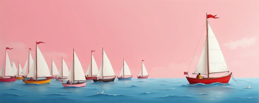 Several catboats sail on blue water under pink sky. One red boat leads fleet. Tiny figures steer sailboats. Seagulls fly near water surface. Nautical scene.