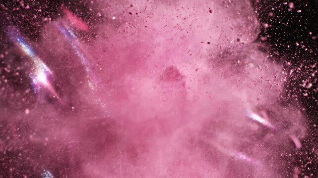 Pink powder bursts from a central point and creates small dust clouds in different directions
