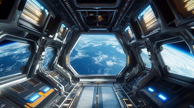 Futuristic spaceship interior view of earth from orbit