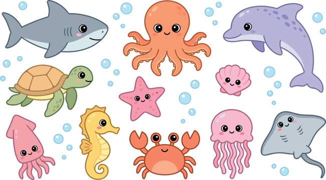 Cute kawaii sea animals vector cartoon character collection set with underwater elements isolated on transparent background