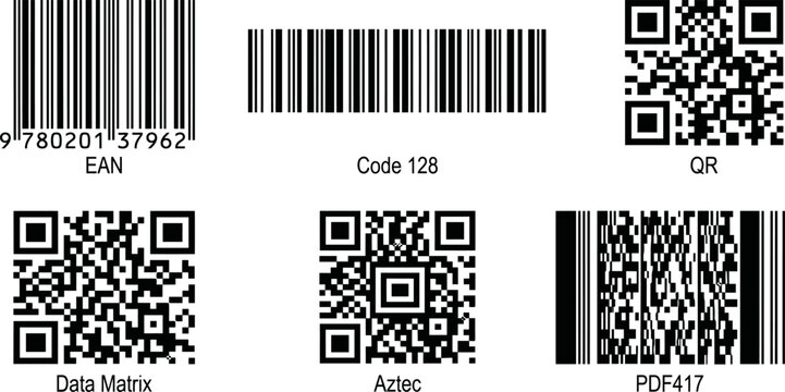 Barcode and QR code collection, set of 6 identification symbols including EAN, Code 128, Data Matrix, Aztec, and PDF417, black vector icons for retail