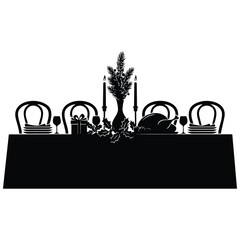 Obraz premium Christmas dinner table with roasted turkey and chairs vector silhouette illustration.