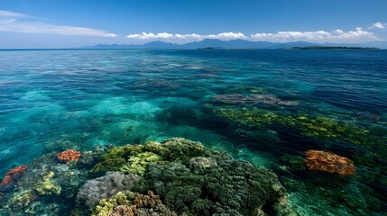 Obraz premium Vivid underwater scene of a pristine coral reef beneath clear sunlit tropical water extending to a distant horizon