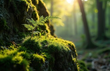 Obraz premium Moss covered rocks and green fern sprout in forest. Sunlight beams through trees creating soft light and shadow. Nature scene with lush forest floor detail.
