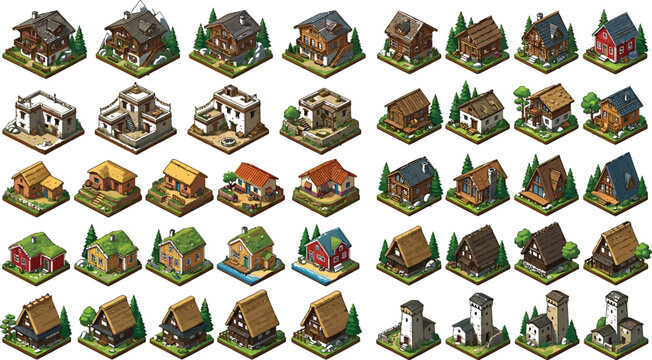 Set of isometric fantasy village houses and rustic cabins with isometric building architecture