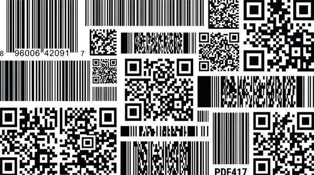 Digital identification barcode and QR code collection, black and white data matrix symbols, retail product tracking and scanning vector set