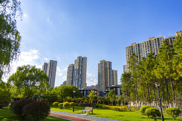Urban Park with High-Rise Apartment Buildings and Green Lawn © DinhAnhMy
