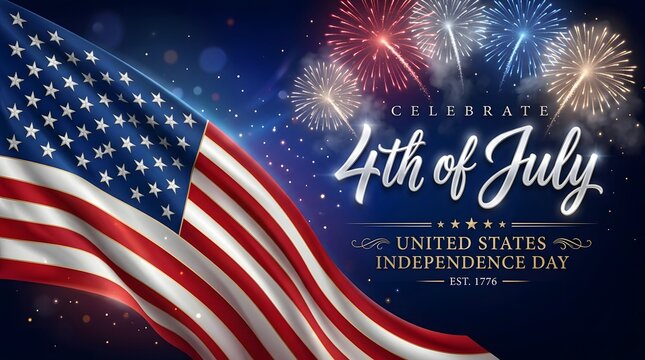 American flag with fireworks and typography independence day celebration