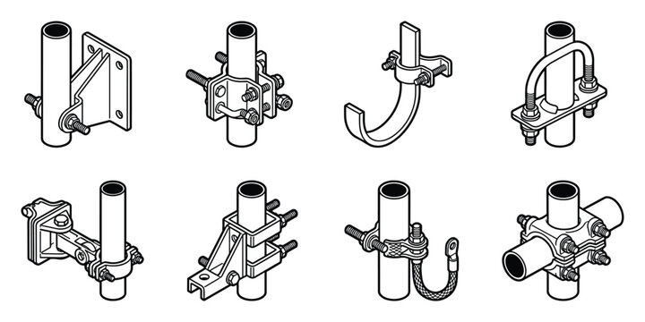 Antenna mast attachment components isometric line drawings