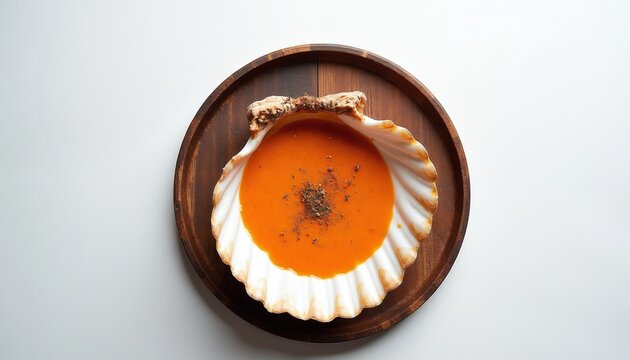 Creamy lobster bisque soup served in scallop shell on wooden board. Rich seafood bisque garnished with herbs offers elegant dining experience. Savoury comfort food presented beautifully.