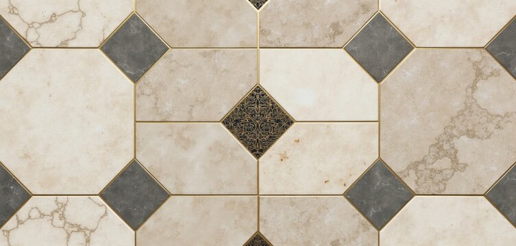 Seamless geometric pattern features marble stone wood cement terrazzo textures. Octagon shapes with gold trim, dark inlays create elegant floor wall decor. Modern design suitable for interior spaces,