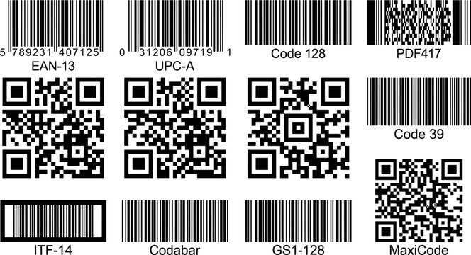 Professional barcode and QR code collection, set of 12 identification symbols including EAN-13 and UPC-A, retail product scanning vector icons