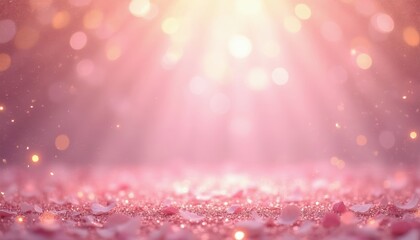 Naklejka premium Soft pink background with scattered rose petals and sparkling glitter. Gentle light beams radiate from above, creating a dreamy, ethereal atmosphere. Perfect for celebrations and invitations.