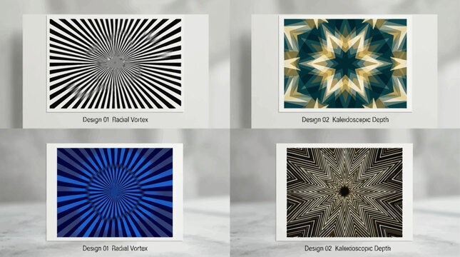 Abstract radial vortex patterns in black and white and blue, creating an optical illusion of depth and motion.