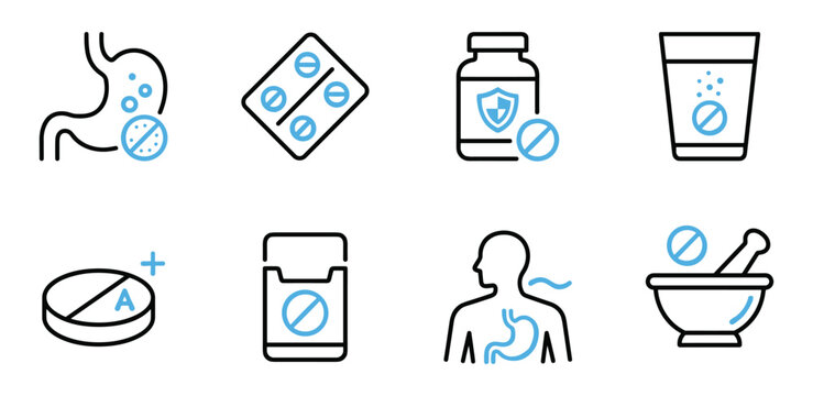 Gastrointestinal health and antacid medicine icons vector
