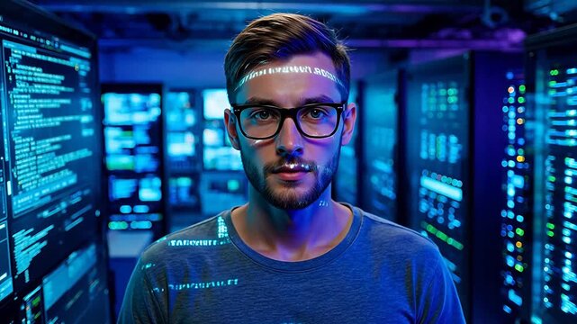Man in server room with digital code