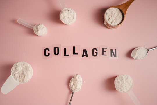 Collagen powder scoops arranged around word collagen on pink background