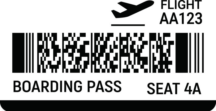 Airline boarding pass vector icon, minimalist airplane ticket with barcode and seat 4A, black and white flight pass graphic for travel apps